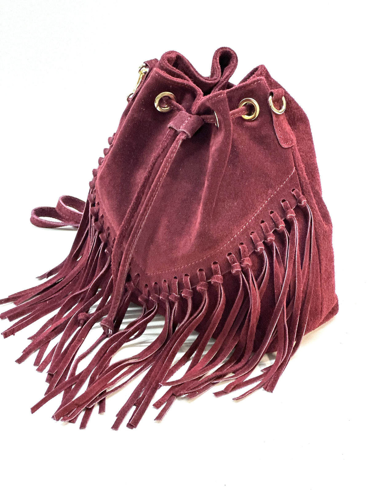 HE1239 Burgundy Fringe Suede Bucket Bag