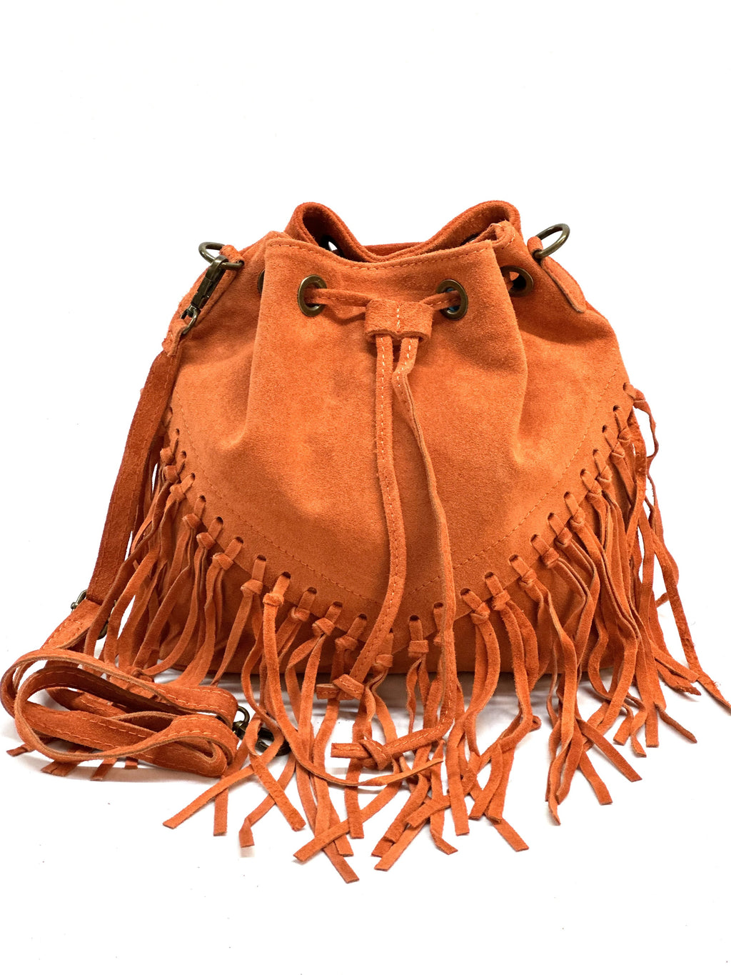 HE1240 Orange Fringe Suede Bucket Bag