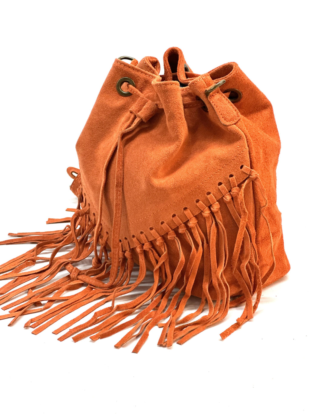 HE1240 Orange Fringe Suede Bucket Bag