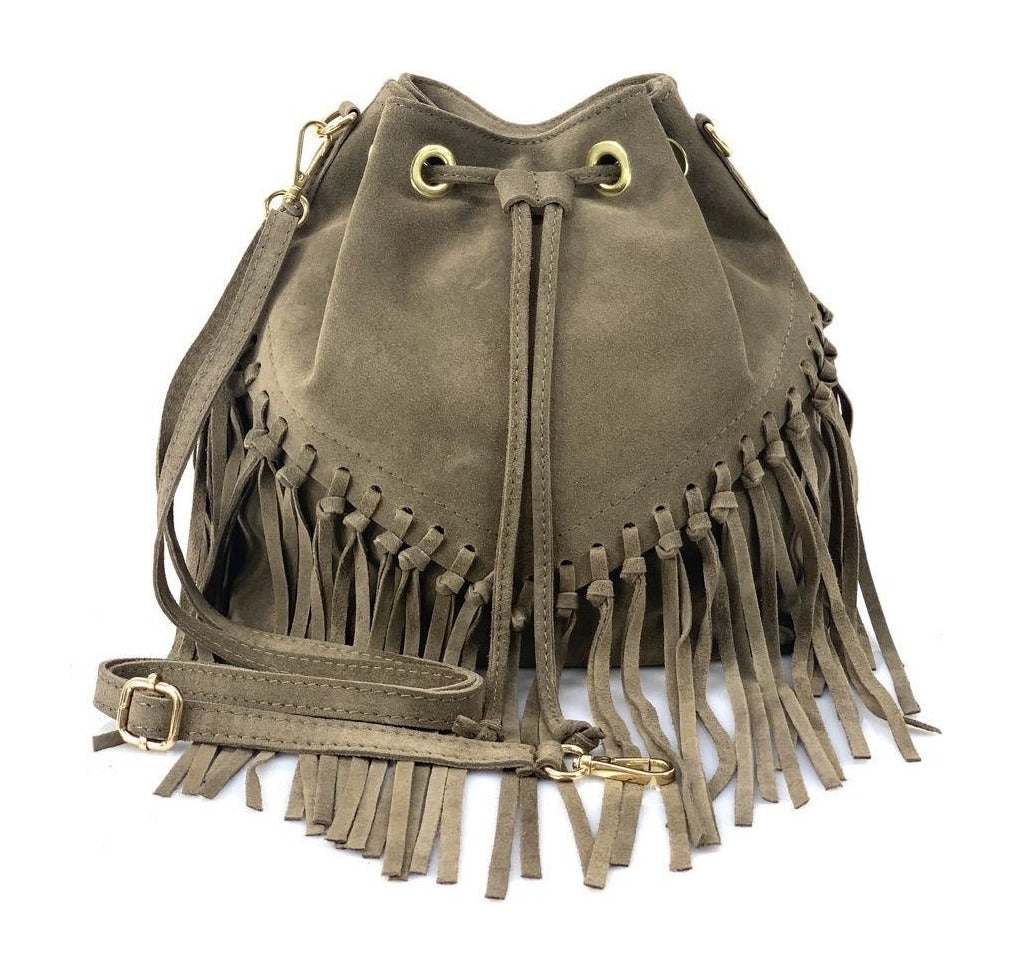 HE1241 Dark Taupe Fringe Suede Bucket Bag