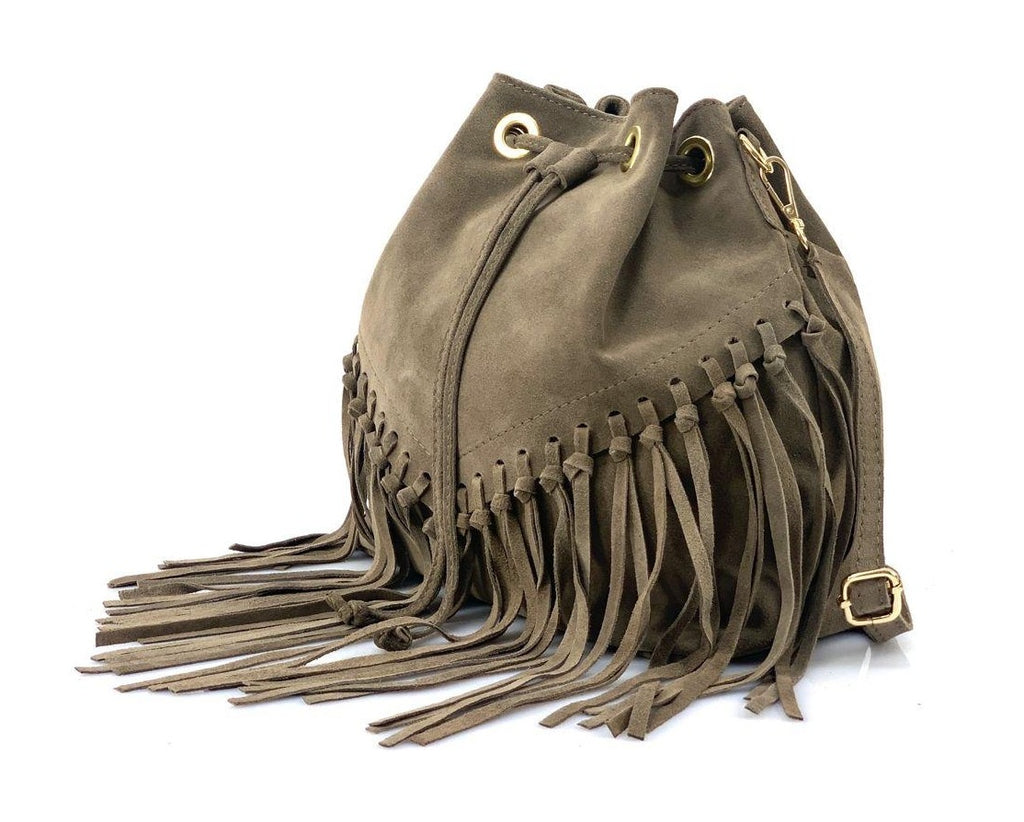 HE1241 Dark Taupe Fringe Suede Bucket Bag