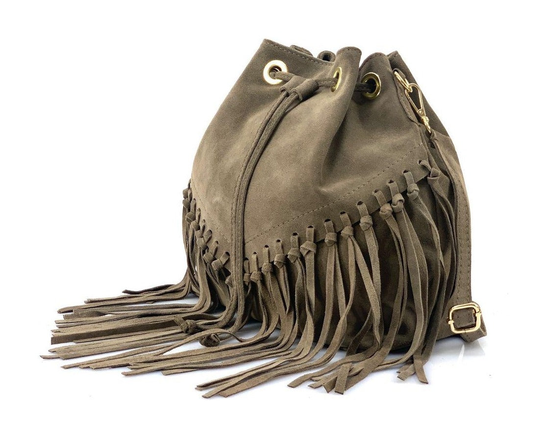 HE1241 Dark Taupe Fringe Suede Bucket Bag