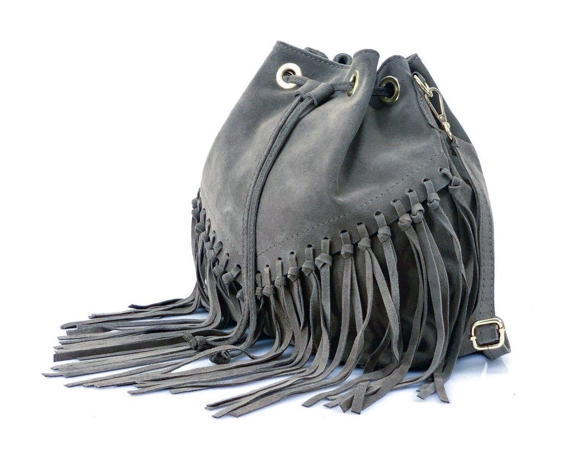 HE1242 Dark Grey Fringe Suede Bucket Bag