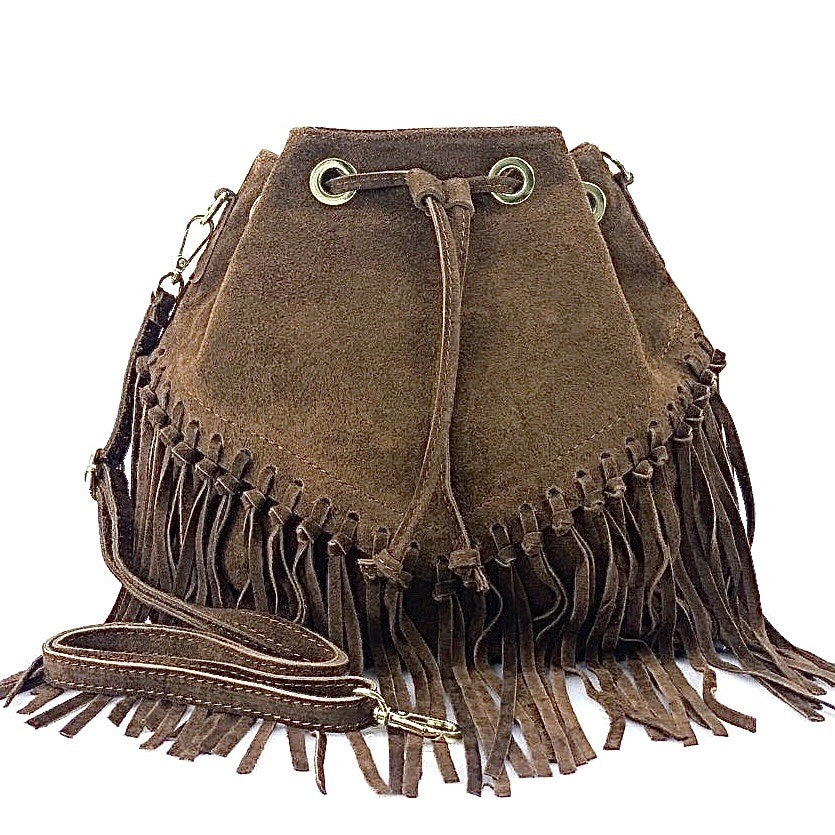 HE1243 Dark Brown Fringe Suede Bucket Bag