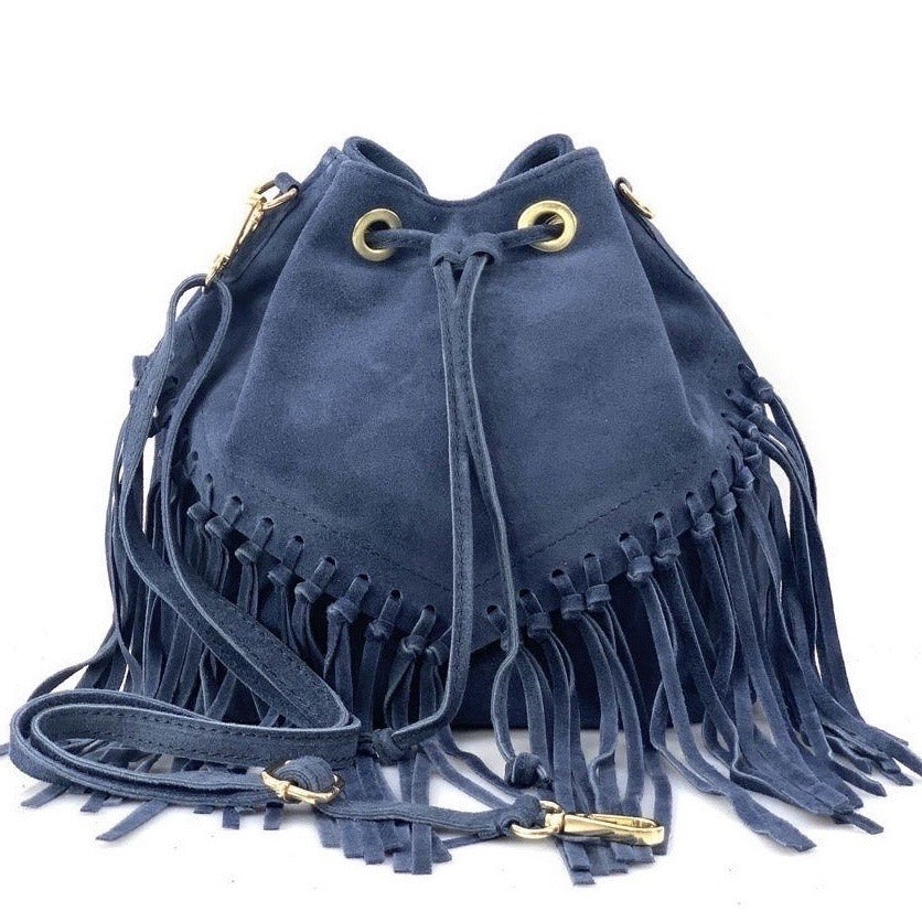 HE1244 Navy Fringe Suede Bucket Bag