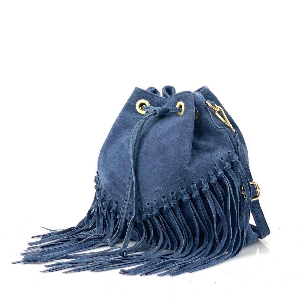 HE1244 Navy Fringe Suede Bucket Bag
