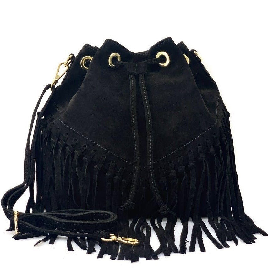 HE1245 Black Fringe Suede Bucket Bag