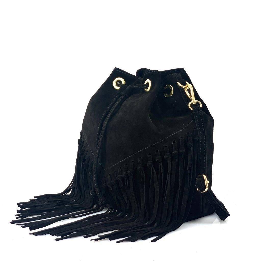 HE1245 Black Fringe Suede Bucket Bag