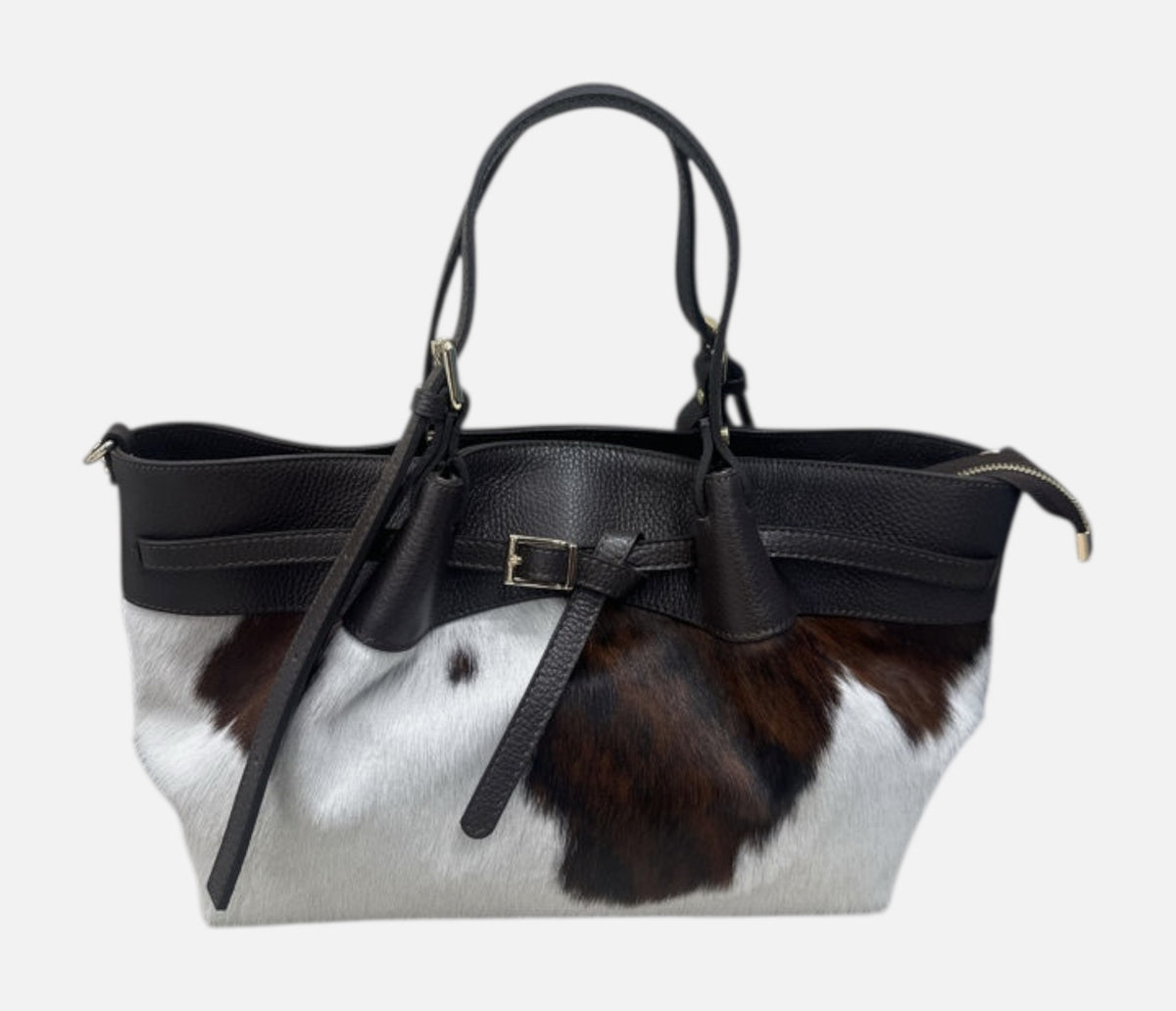 HE1259 Brown & White Cow Print Belted Haircalf Tote Bag