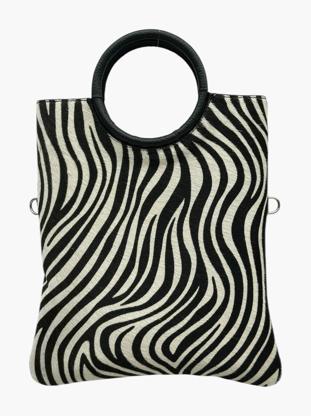 HE1270 Black & White Zebra Ring Handle Haircalf Top Handle Bag