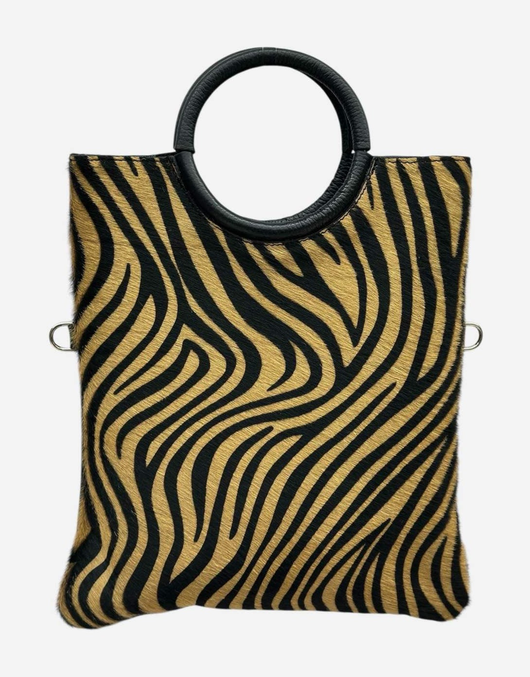 HE1271 Tan Zebra Ring Handle Haircalf Top Handle Bag
