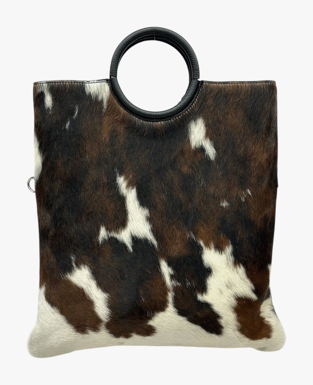 HE1275 Brown & White Cow Print Ring Handle Haircalf Top Handle Bag