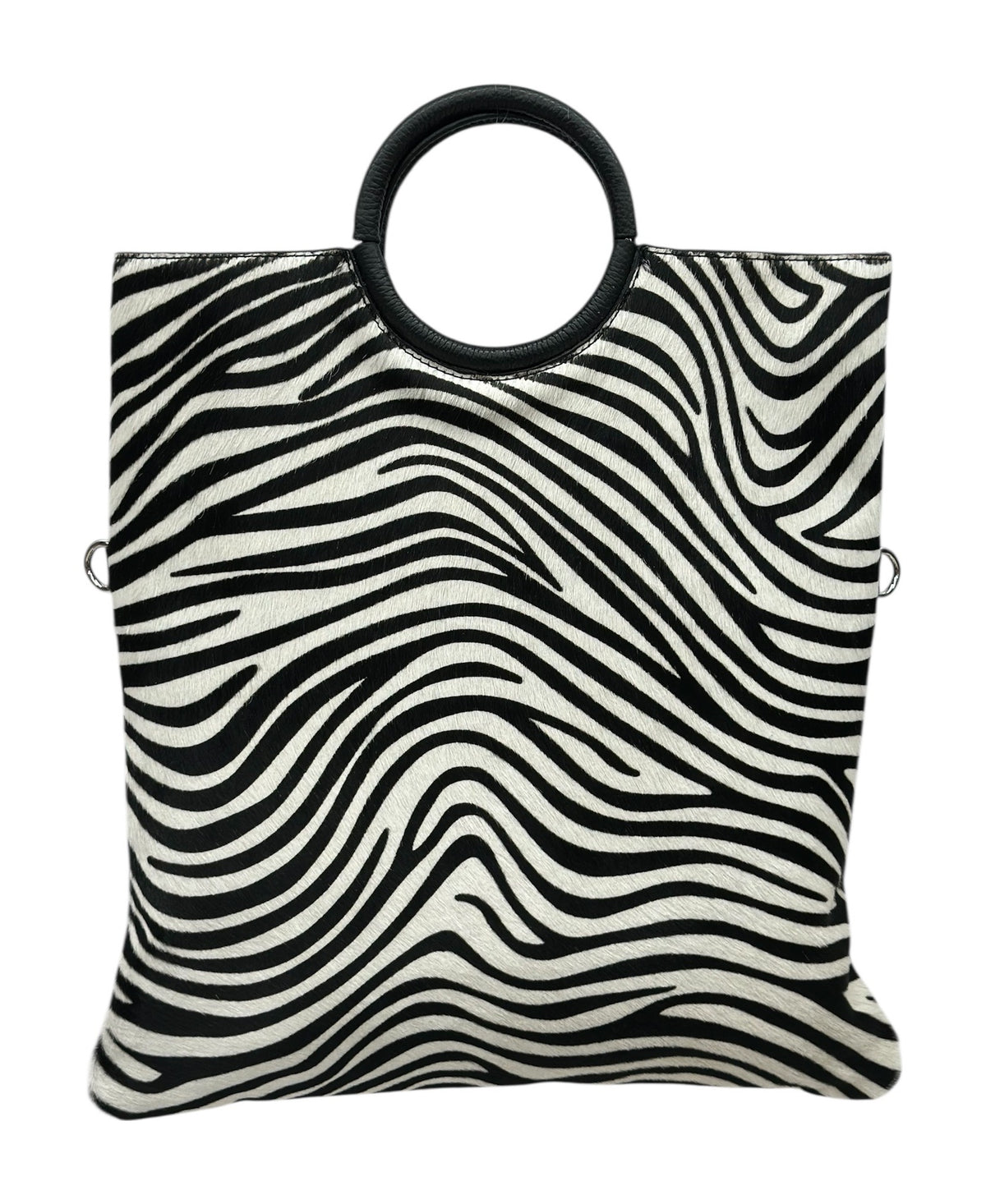 HE1276 Black & White Zebra Ring Handle Haircalf Top Handle Bag