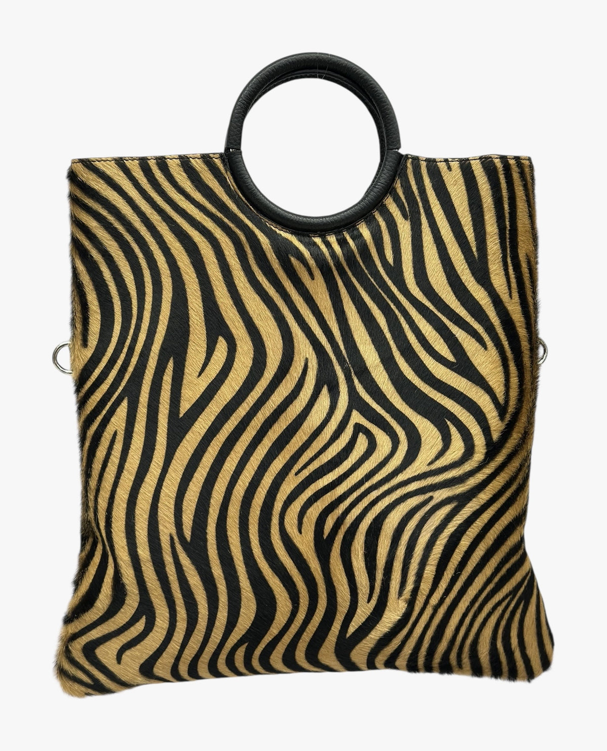 HE1277 Tan Zebra Ring Handle Haircalf Top Handle Bag
