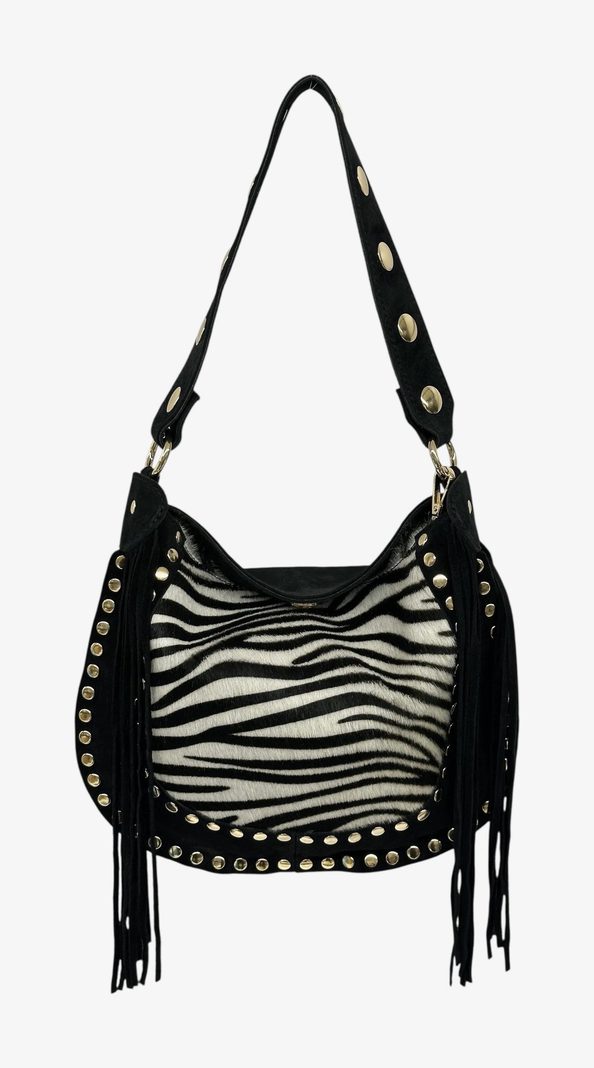 HE1278 Black Zebra Fringe Haircalf Hobo Bag