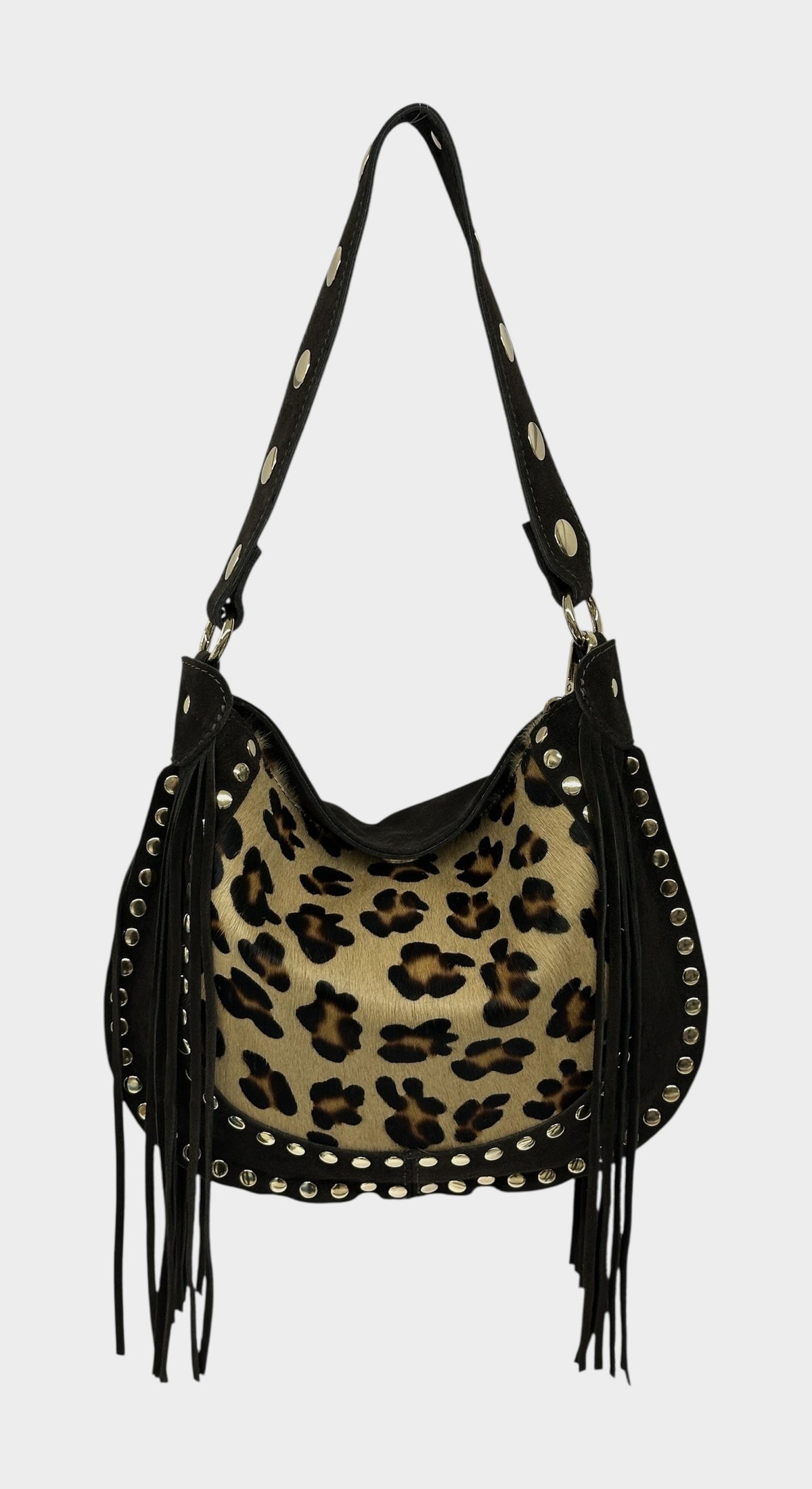 HE1279 Leopard Fringe Haircalf Hobo Bag