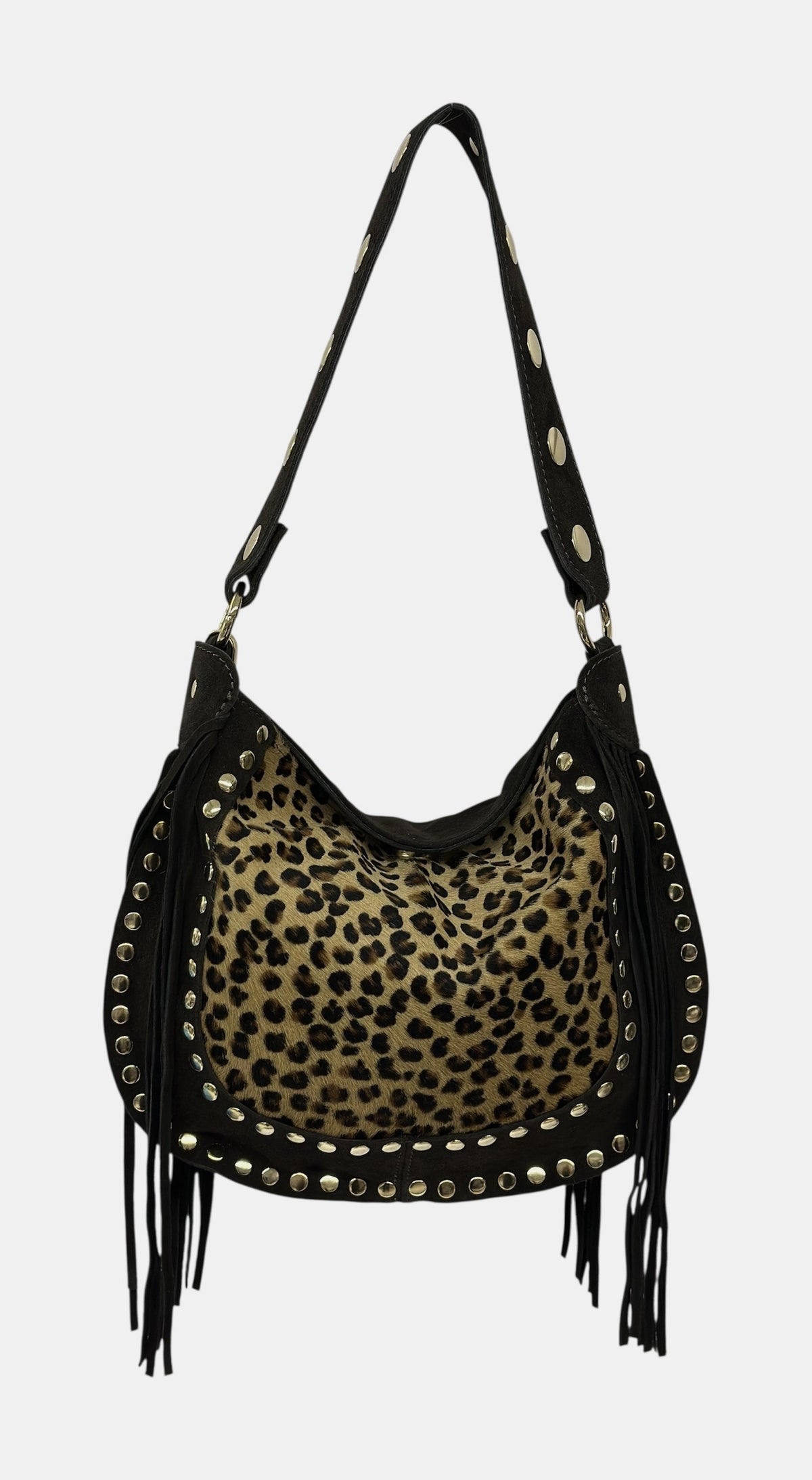 HE1280 Cheetah Spotted Fringe Haircalf Hobo Bag