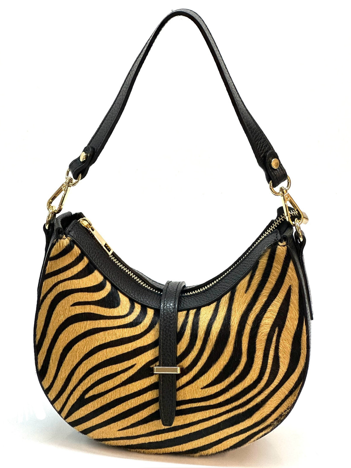 HE1287 Tan Zebra Crescent Haircalf Shoulder Bag