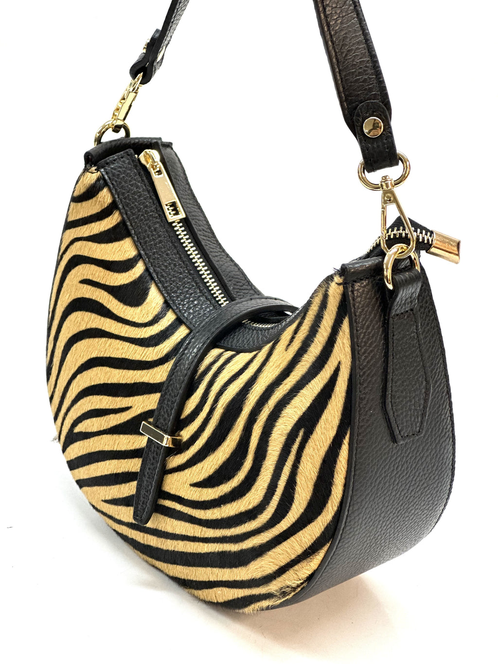 HE1287 Tan Zebra Crescent Haircalf Shoulder Bag