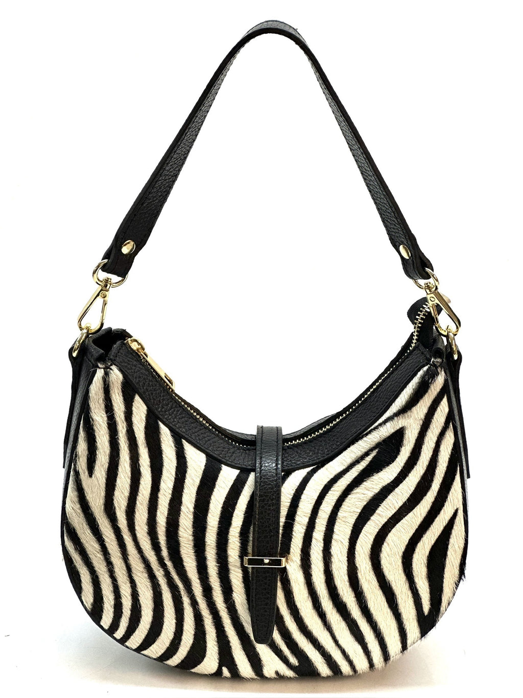 HE1288 Black & White Zebra Crescent Haircalf Shoulder Bag