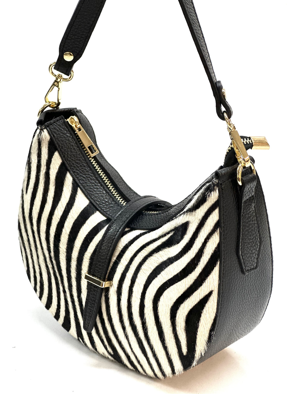 HE1288 Black & White Zebra Crescent Haircalf Shoulder Bag