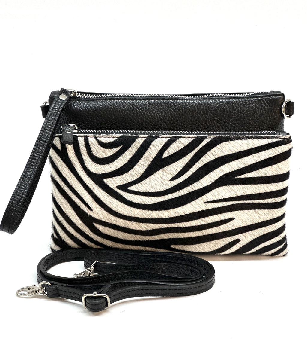 HE1289 Black & White Zebra Wristlet Haircalf Clutch