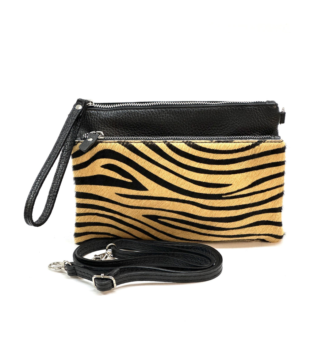 HE1290 Tan Zebra Wristlet Haircalf Clutch