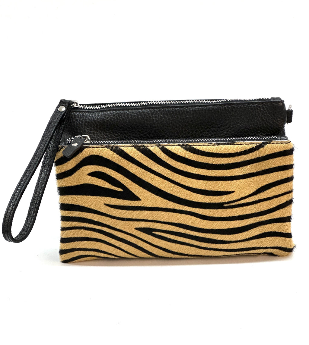HE1290 Tan Zebra Wristlet Haircalf Clutch