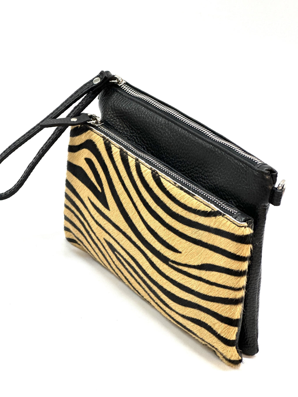 HE1290 Tan Zebra Wristlet Haircalf Clutch
