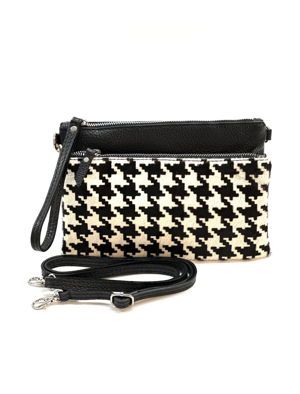 HE1293 Black & White Houndstooth Wristlet Haircalf Clutch