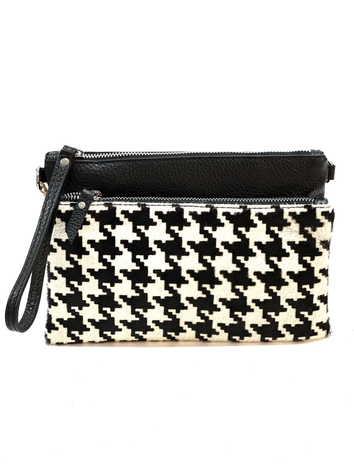 HE1293 Black & White Houndstooth Wristlet Haircalf Clutch