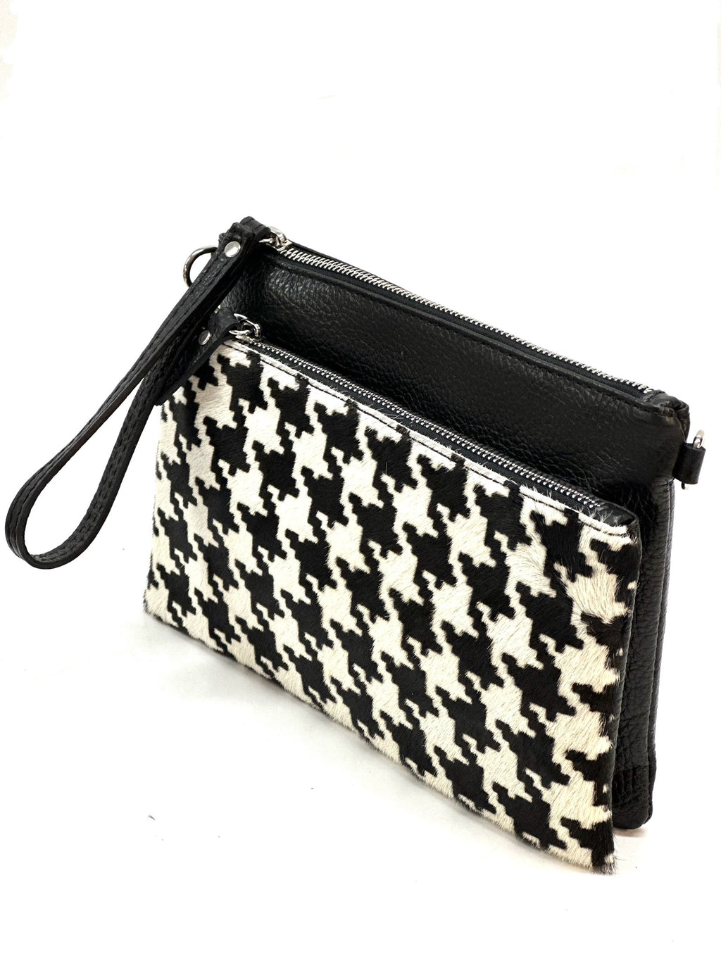 HE1293 Black & White Houndstooth Wristlet Haircalf Clutch