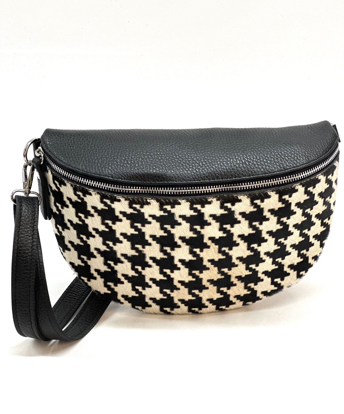 HE1295 Black & White Houndstooth Haircalf Belt Bag