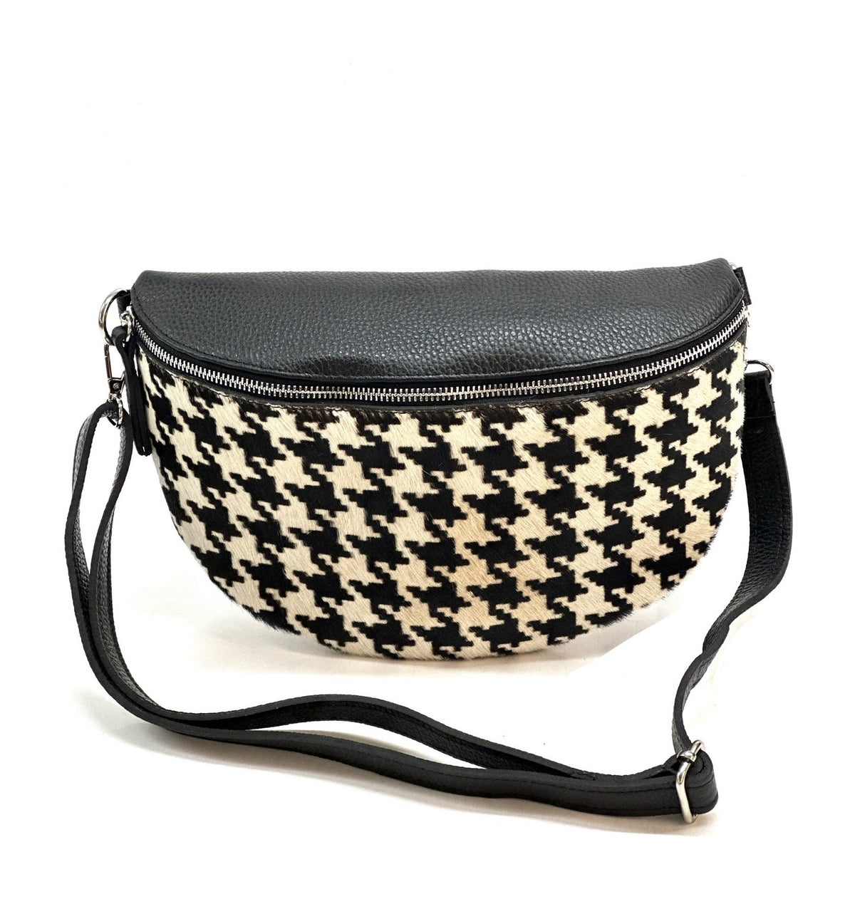 HE1295 Black & White Houndstooth Haircalf Belt Bag