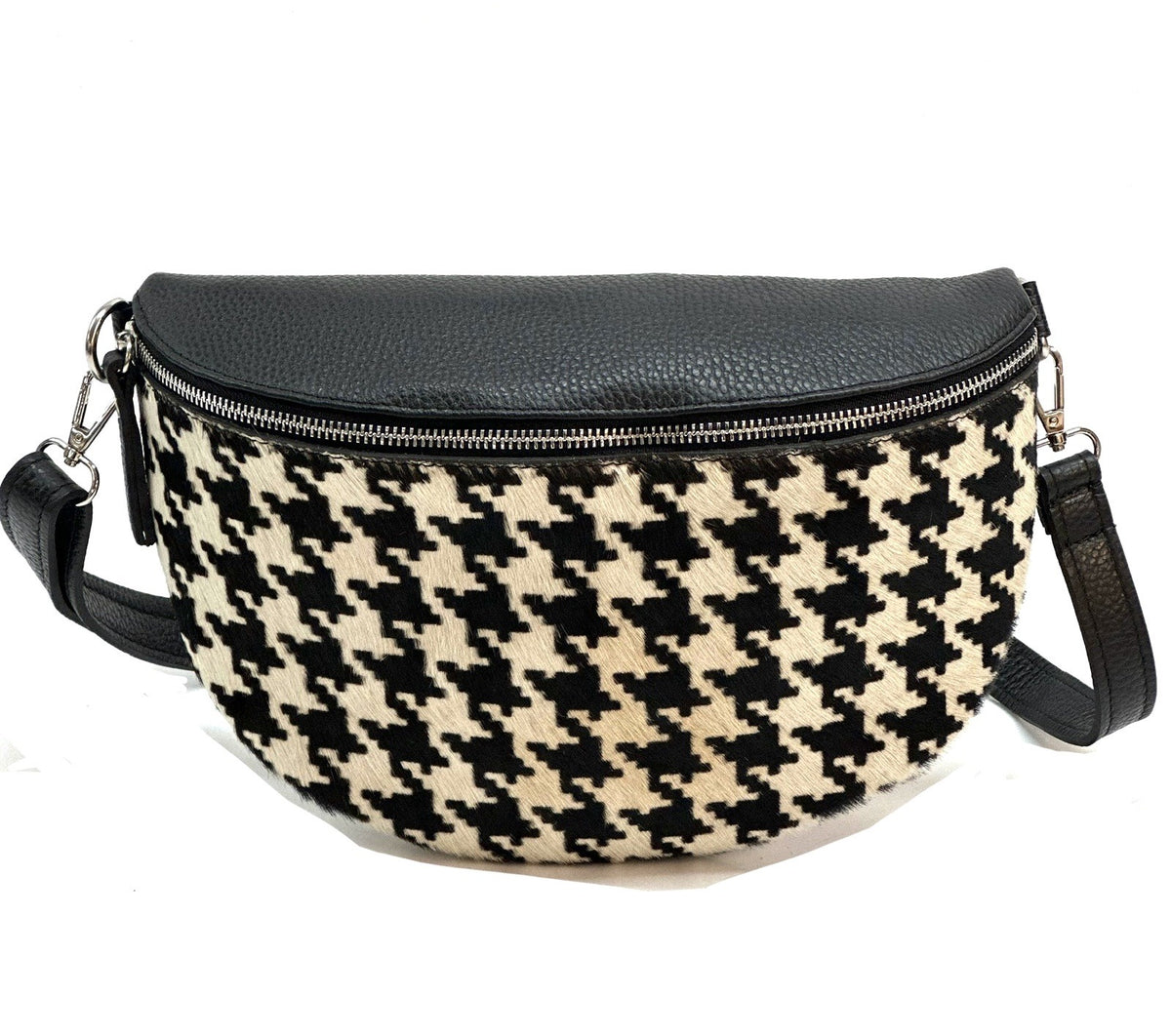 HE1295 Black & White Houndstooth Haircalf Belt Bag