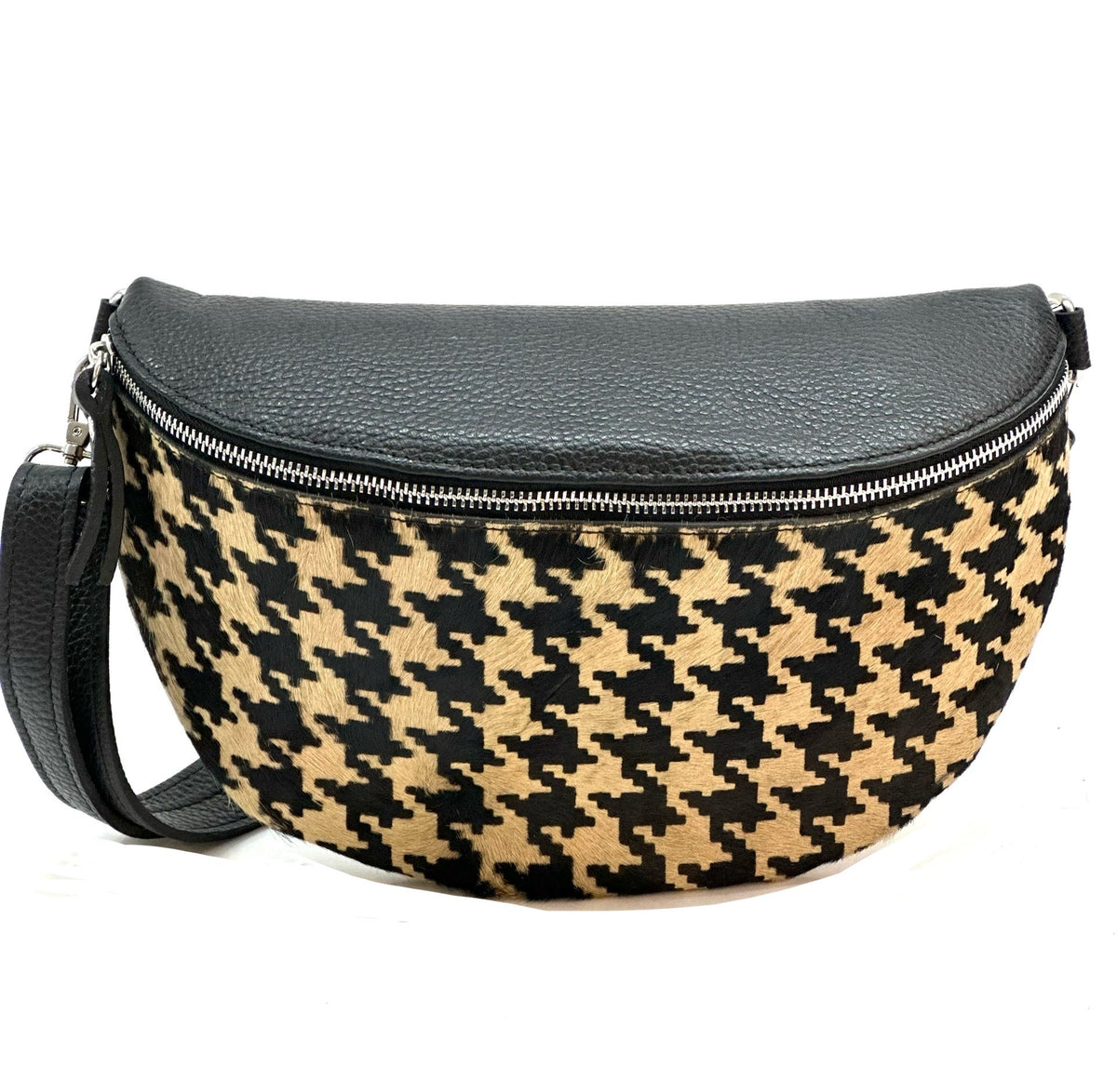 HE1296 Tan Houndstooth Haircalf Belt Bag