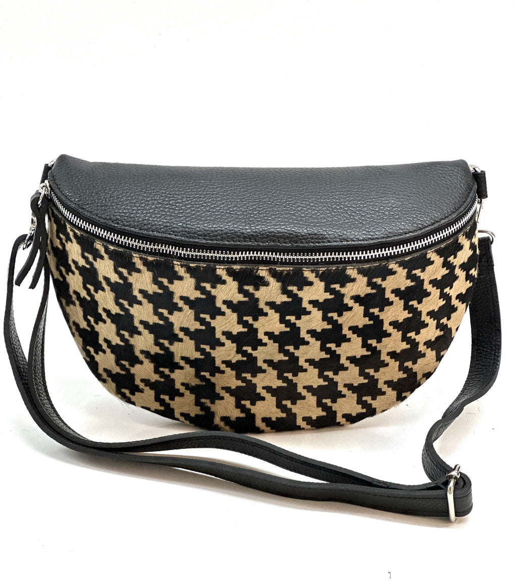 HE1296 Tan Houndstooth Haircalf Belt Bag