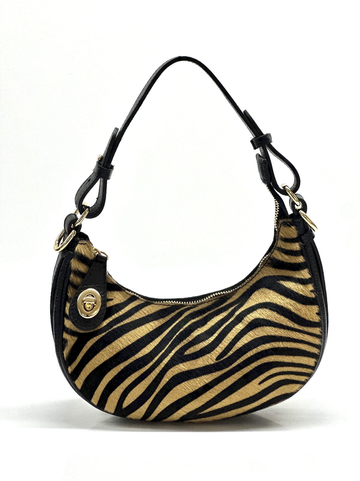 HE1299 Tan Zebra Crescent Haircalf Hobo Bag