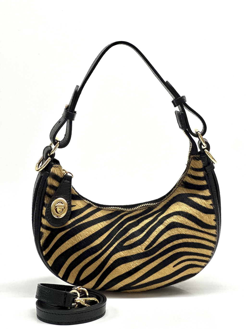 HE1299 Tan Zebra Crescent Haircalf Hobo Bag