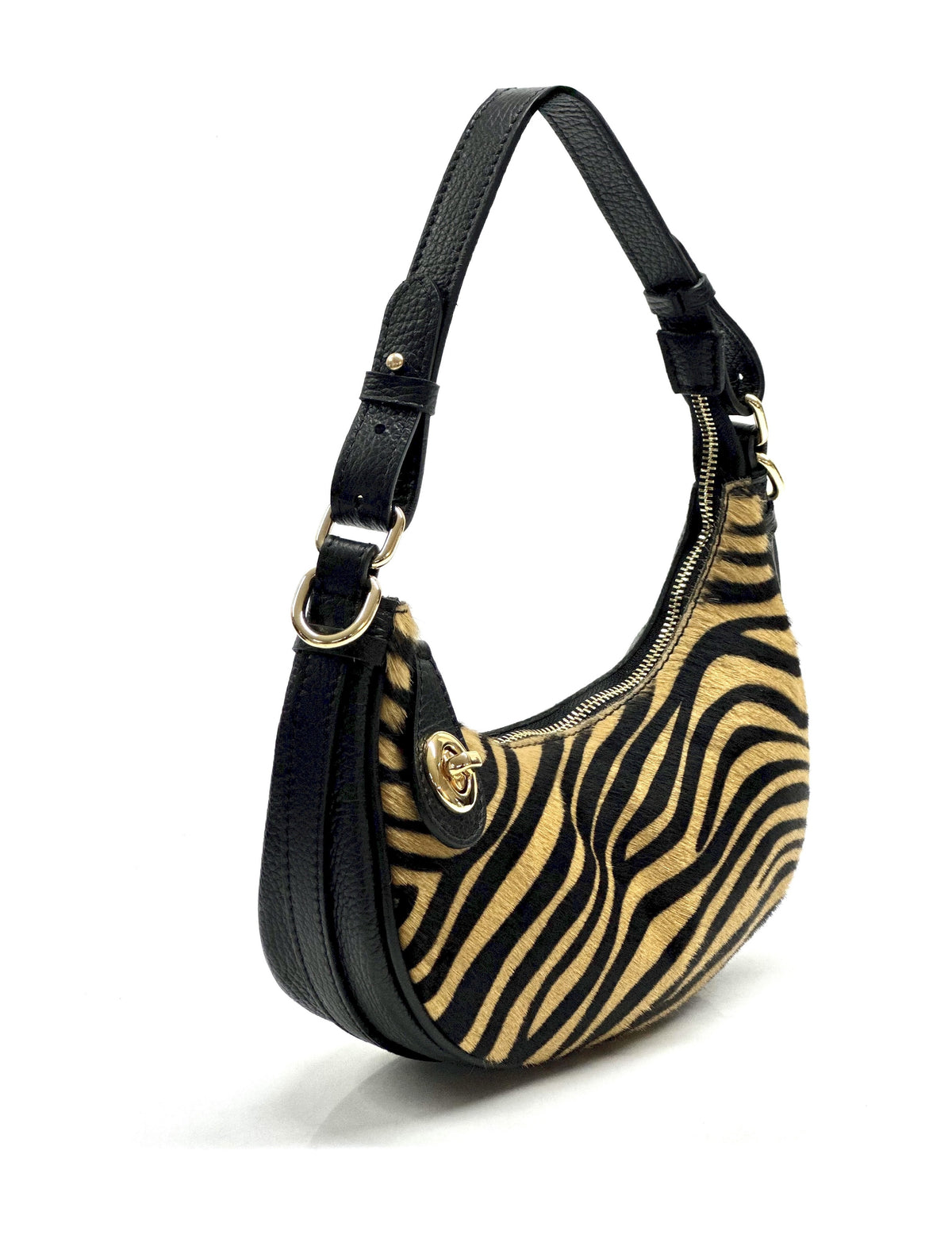 HE1299 Tan Zebra Crescent Haircalf Hobo Bag