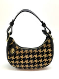 HE1300 Tan Houndstooth Crescent Haircalf Hobo Bag