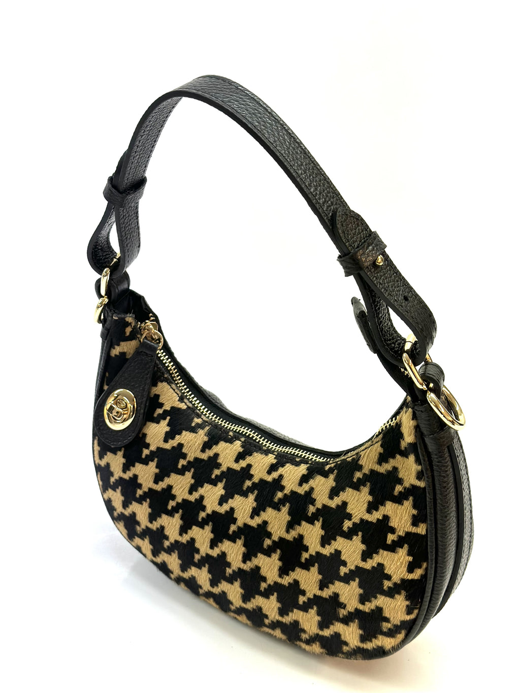 HE1300 Tan Houndstooth Crescent Haircalf Hobo Bag