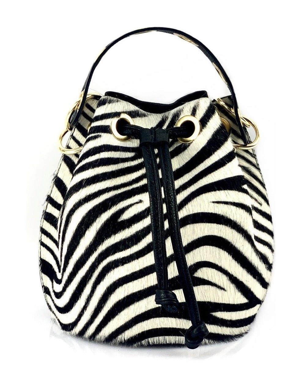 HE1348 Black & White Zebra Drawstring Haircalf Bucket Bag