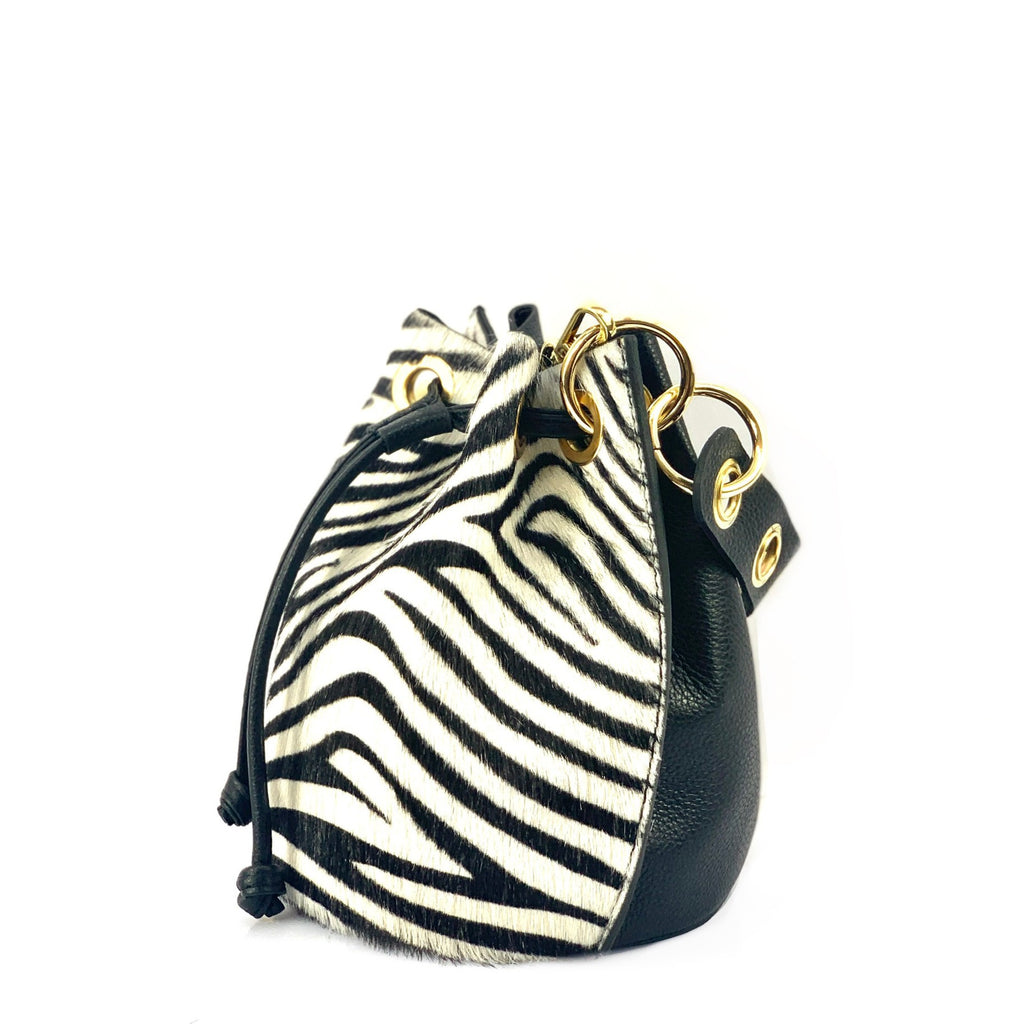 HE1348 Black & White Zebra Drawstring Haircalf Bucket Bag