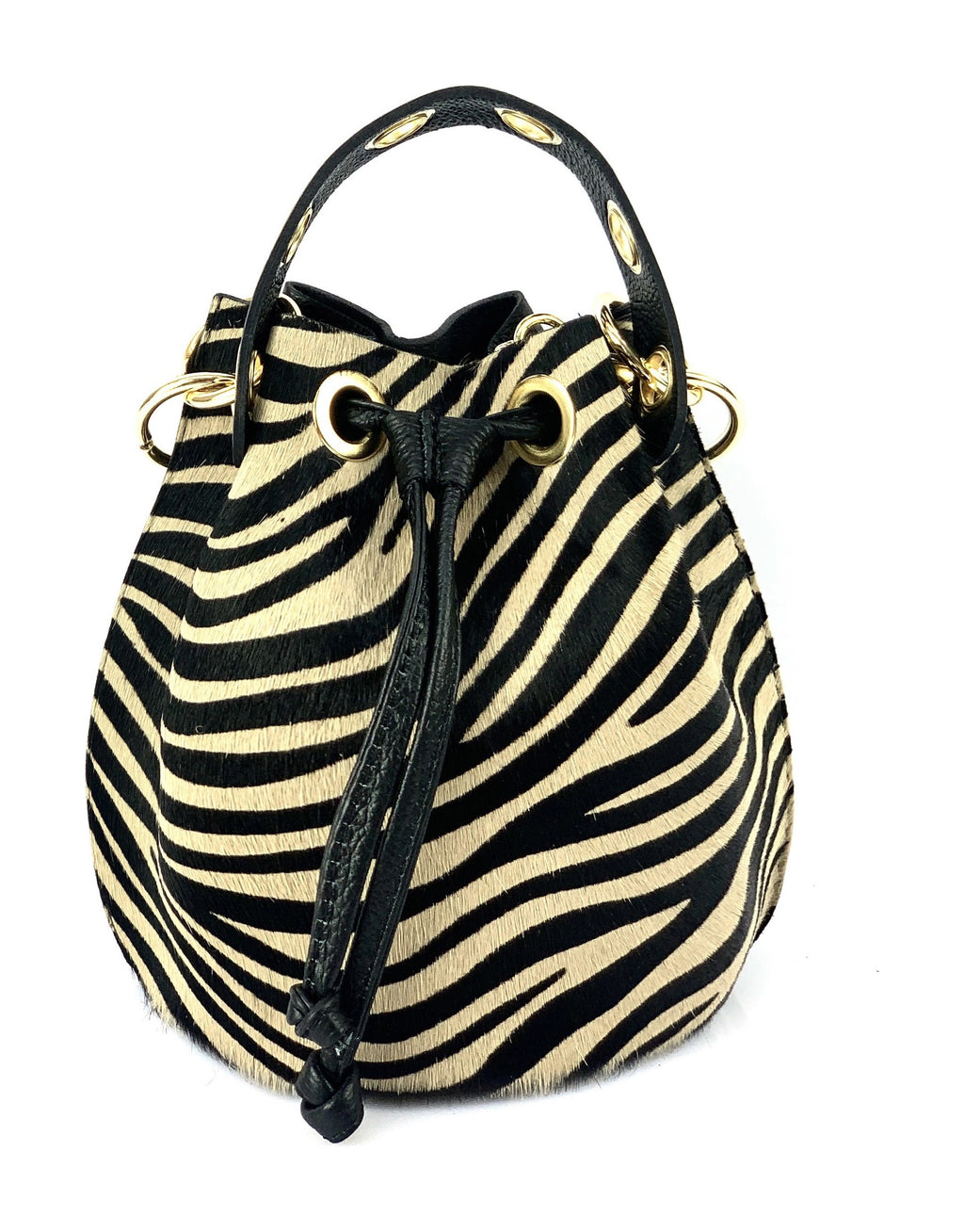 HE1349 Tan Zebra Drawstring Haircalf Bucket Bag