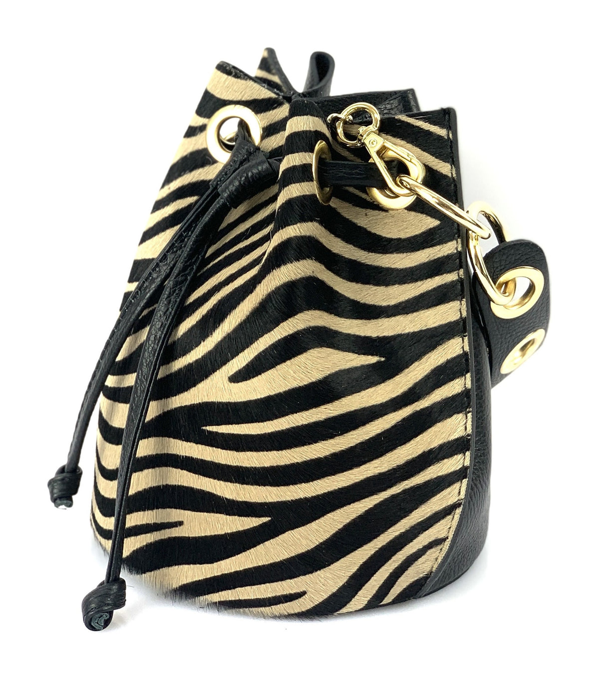 HE1349 Tan Zebra Drawstring Haircalf Bucket Bag