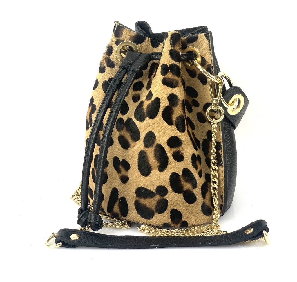 HE1350 Leopard Drawstring Haircalf Bucket Bag