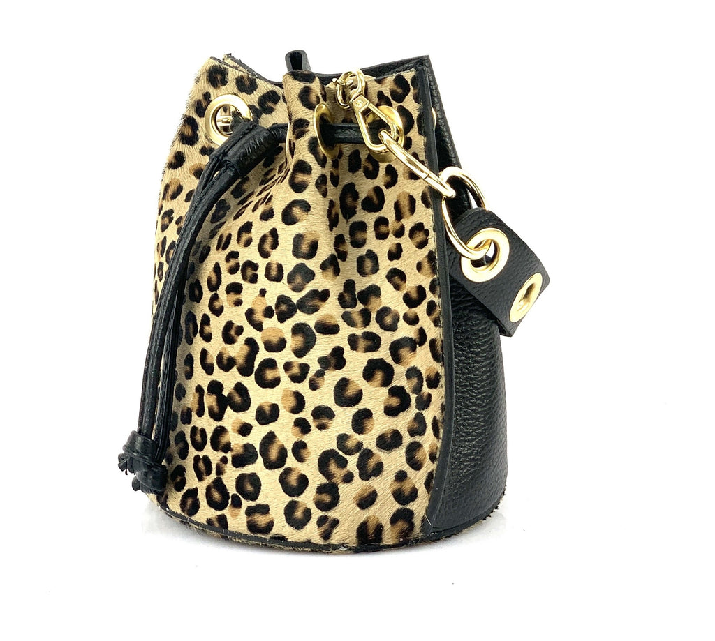 HE1351 Cheetah Spotted Drawstring Haircalf Bucket Bag