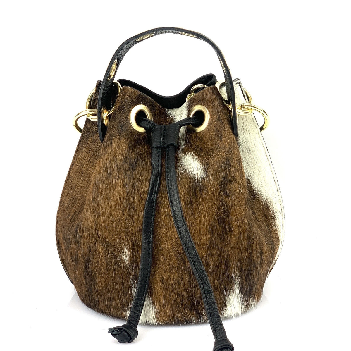 HE1352 Brown & White Cow Print Drawstring Haircalf Bucket Bag