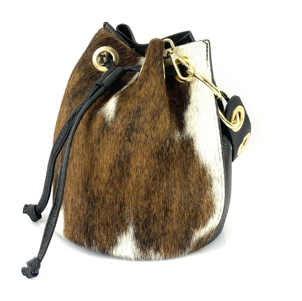 HE1352 Brown & White Cow Print Drawstring Haircalf Bucket Bag